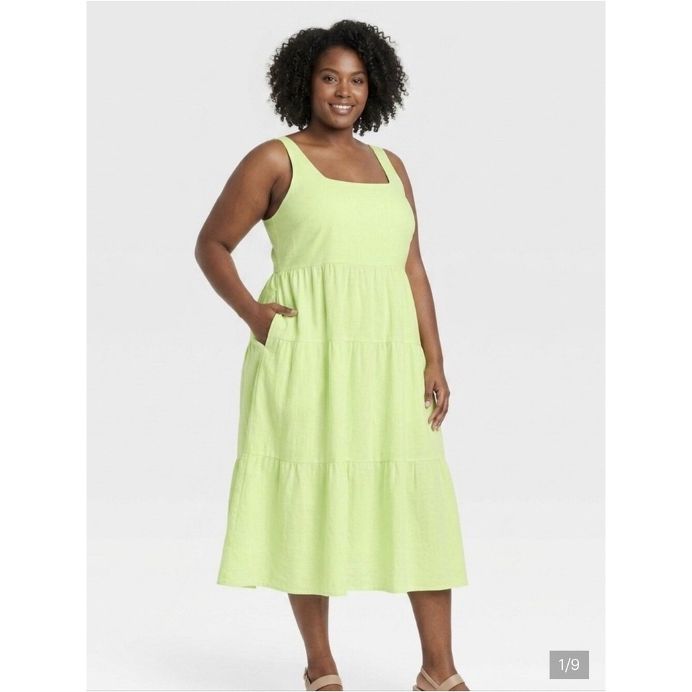 Ava & Viv Cotton Gauze Midi Dress Sz 1X Tie Back Tiered Pockets Smocked Prairie